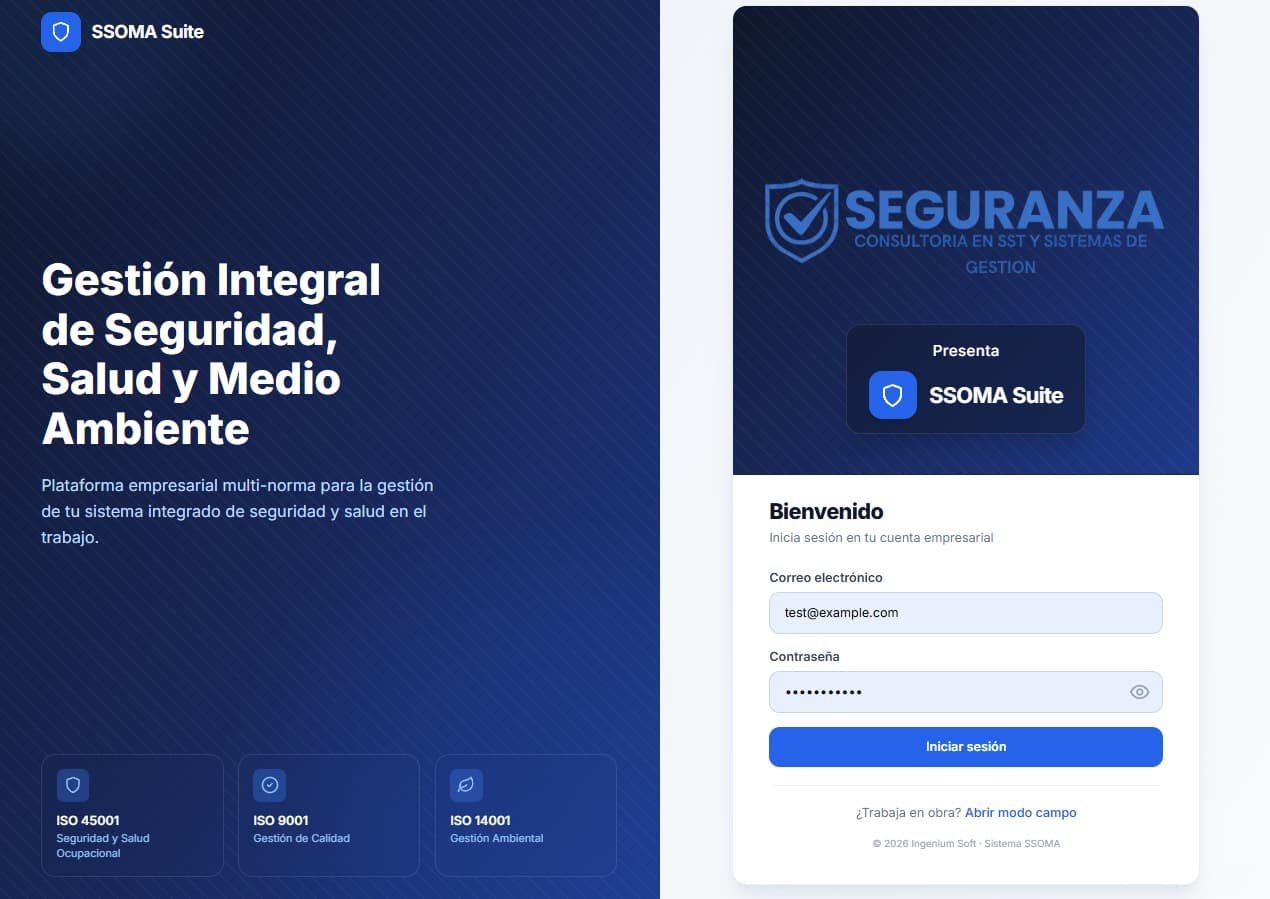 Pantalla de inicio de sesión de SSOMA Suite by SEGURANZA